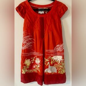 Anthropologie Floreat Fire’s Path Exotic Floral Embroidered Cap Sleeve Dress Sz2